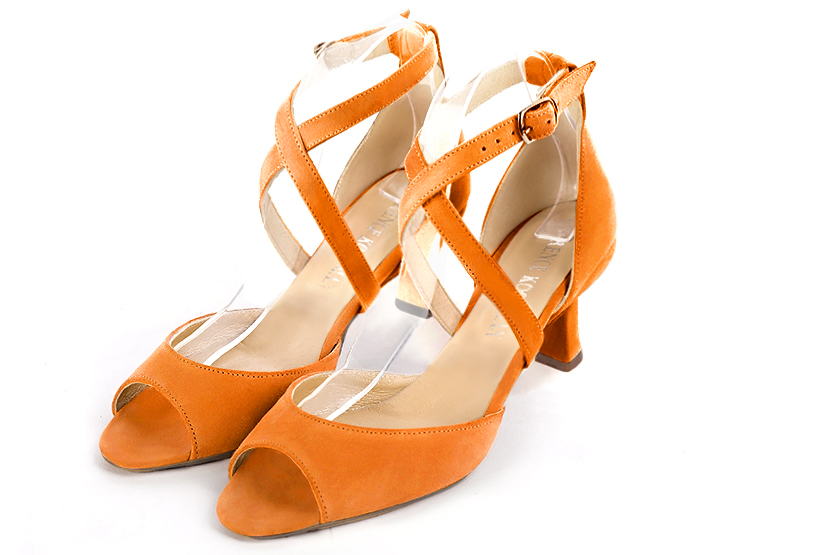 Apricot orange women's closed back sandals, with crossed straps. Square toe. Medium spool heels. Front view - Florence KOOIJMAN